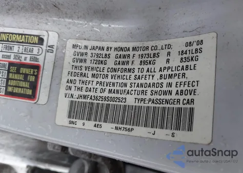 2009 Honda Civic Hybrid from USA, damaged, VIN JHMFA36259S002523
